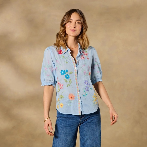 Women’s Johnny Was Evangeline Smocked Shirt, Blue, Small - Picture 1 of 6